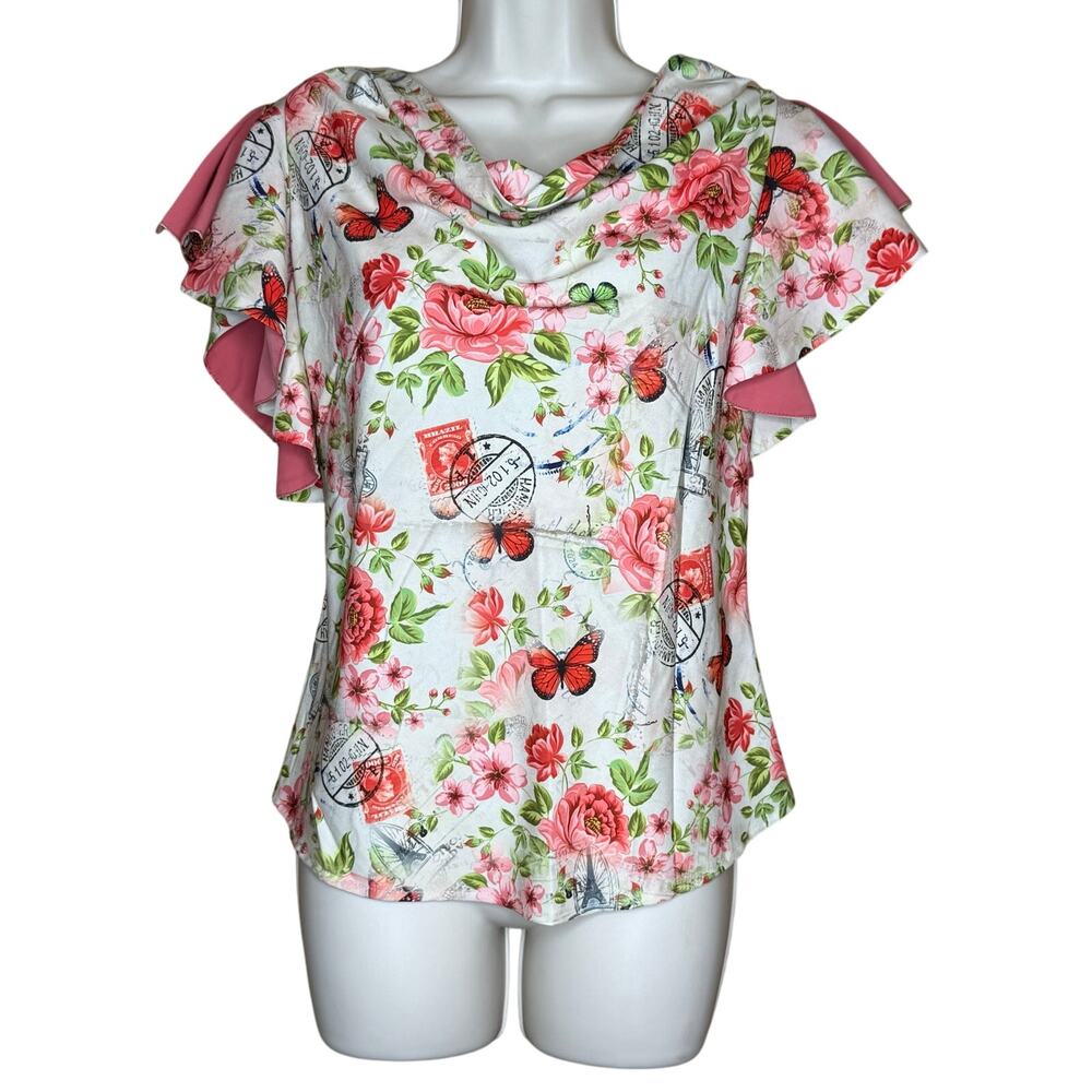 Unique Vintage Cream Pink Floral Butterfly Blouse Top M 6 8 NWOT